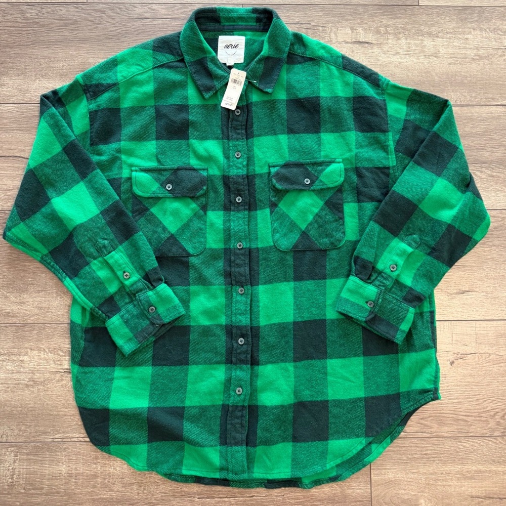 Aerie Womens Green Black Buffalo Plaid Cotton Flannel Shirt Large NWT